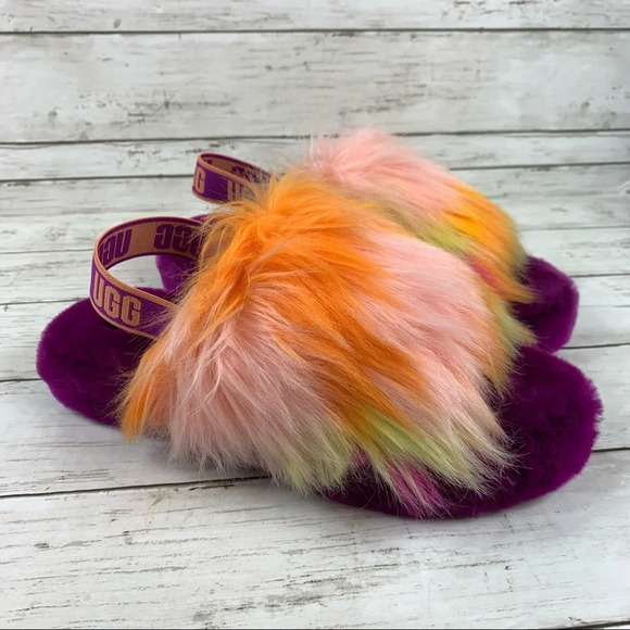 Ugg Fluff Yeah Tie Dye Slides Fluffy Slippers Orange Yellow Purple Logo - Picture 7 of 8